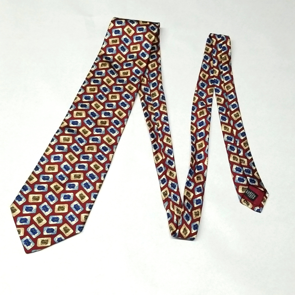Men's Tie Giordani Red with Blue & Tan 100% Silk 59" Long 4" Wide